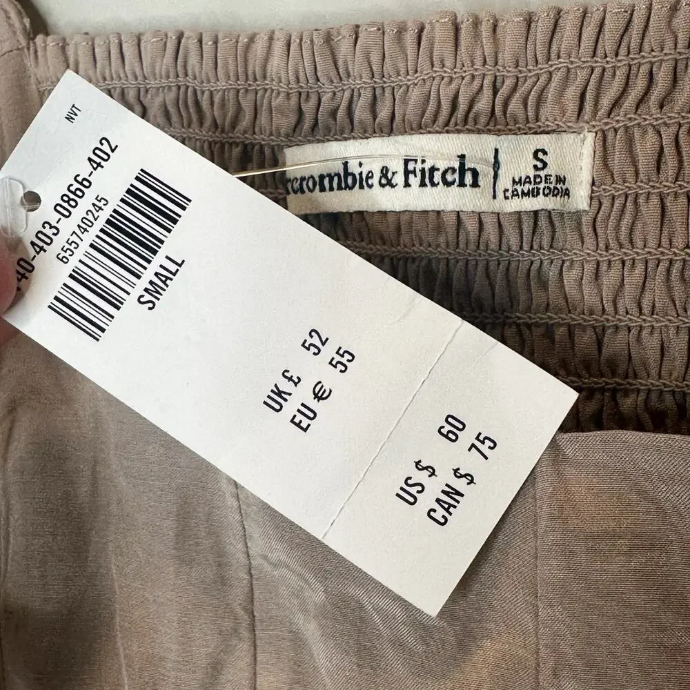 Abercrombie & Fitch Puff Sleeve Shine Cotton Square Neck Top Beige Small Smocked